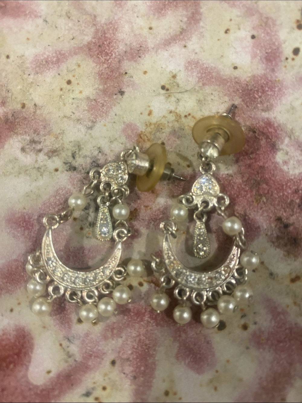 Silver Pearl Drop Chandelier Earrings